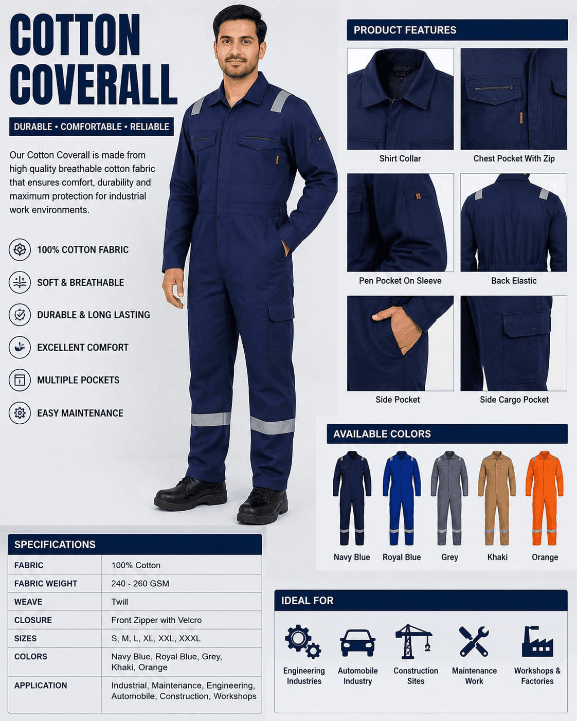 Premium Industrial Cotton Coverall — Breathable 100% cotton coverall with reflective tape, multiple pockets and an elasticated back for all-day industri...