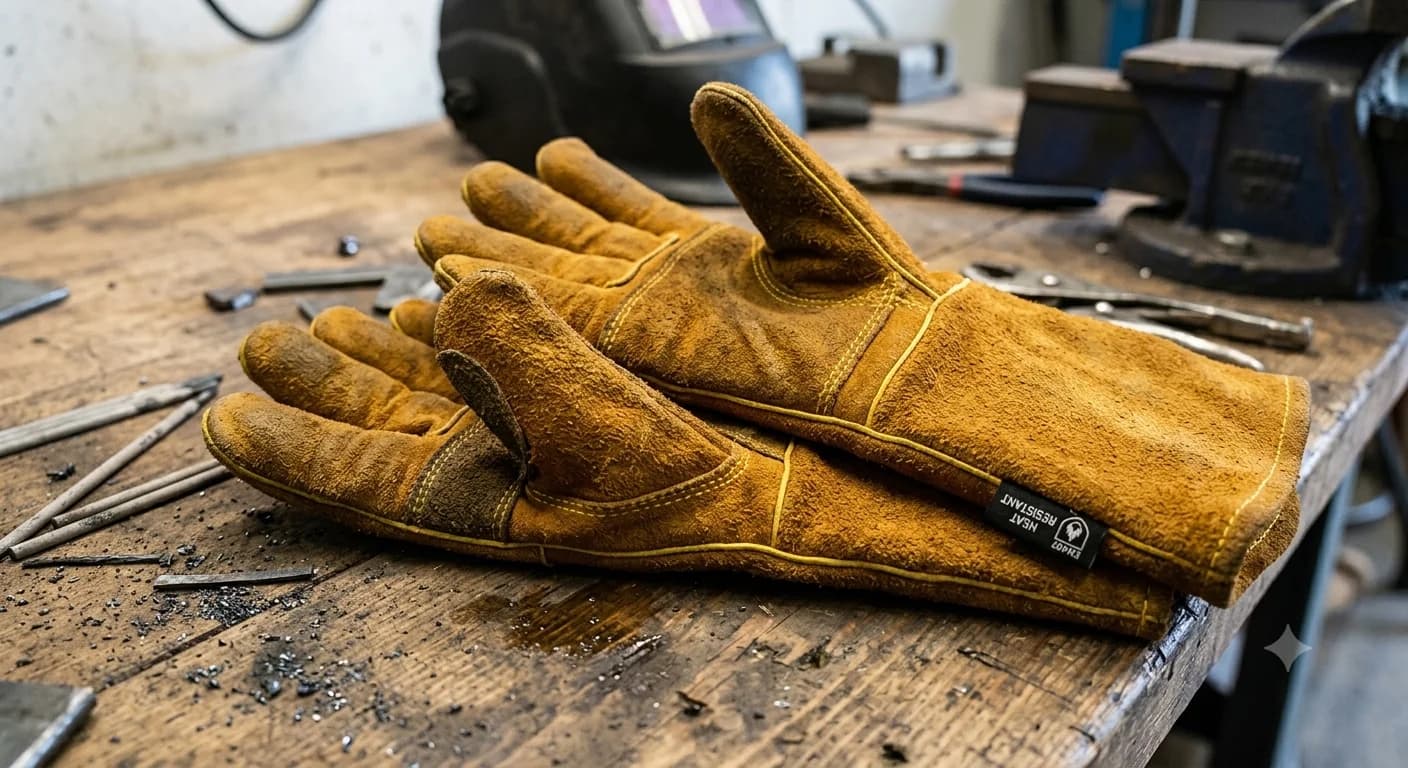 Heat Resistant Leather Gloves — Leather-and-canvas gloves for welding and hot-work protection.